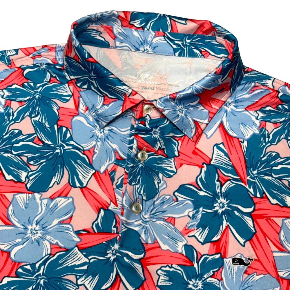 Vineyard Vines On The Go Sankaty Polo Mens L Pink Blue Floral Performance Golf‎